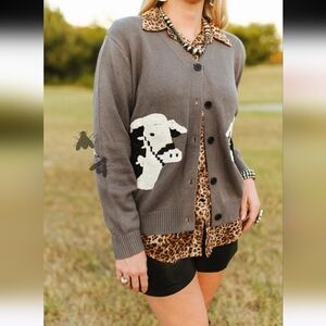 Two Fly Co. NWT Black Baldy Cardigan Chic Gray Cardigan with Cow Pattern Western